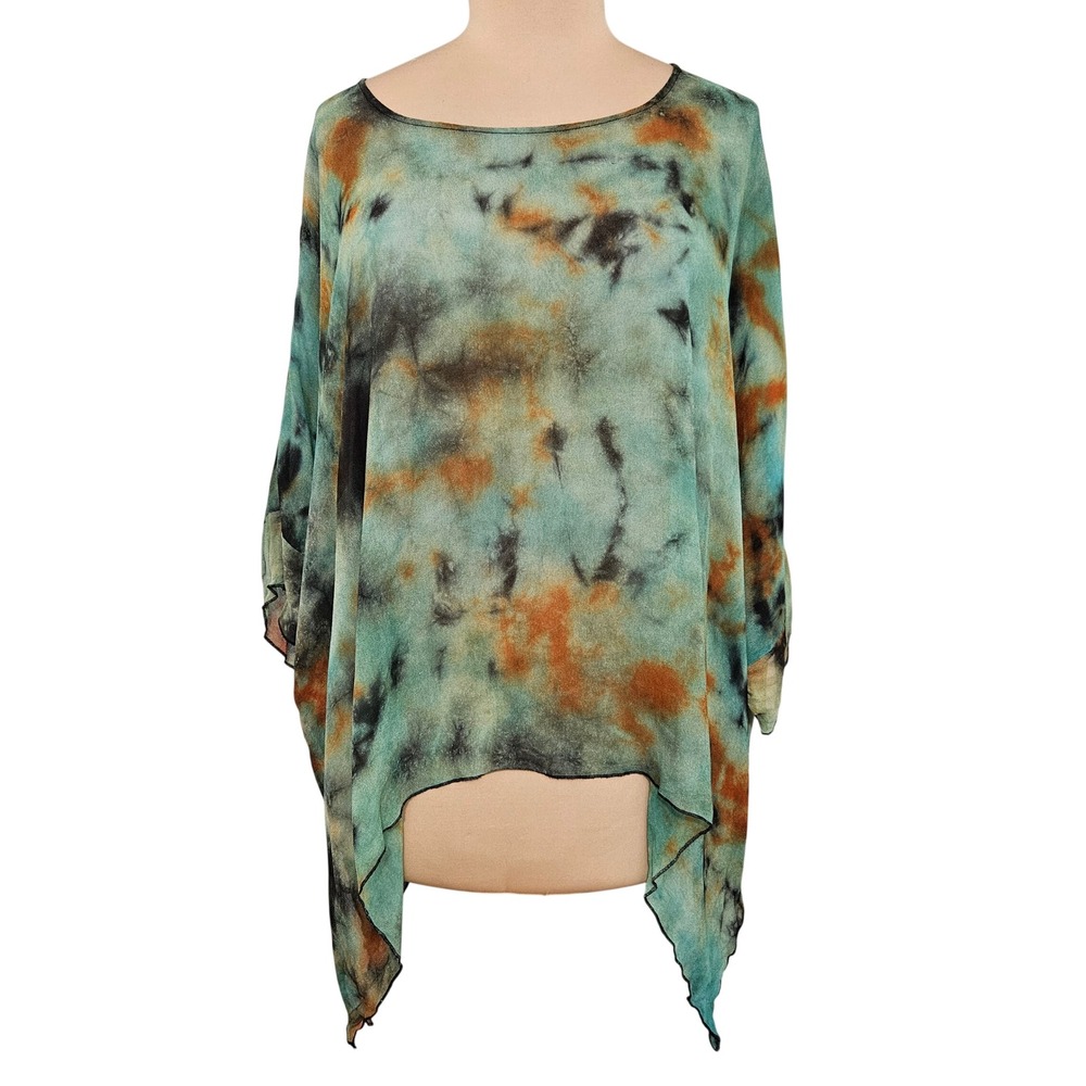 Vintage Sterling Styles Artsilk Tie Dye Poncho Top Teal Rust One Size Boho